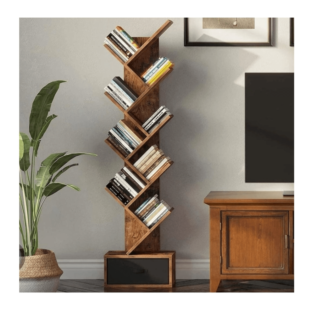  Rustic Brown 8-Shelf Tree Bookshelf with Drawer