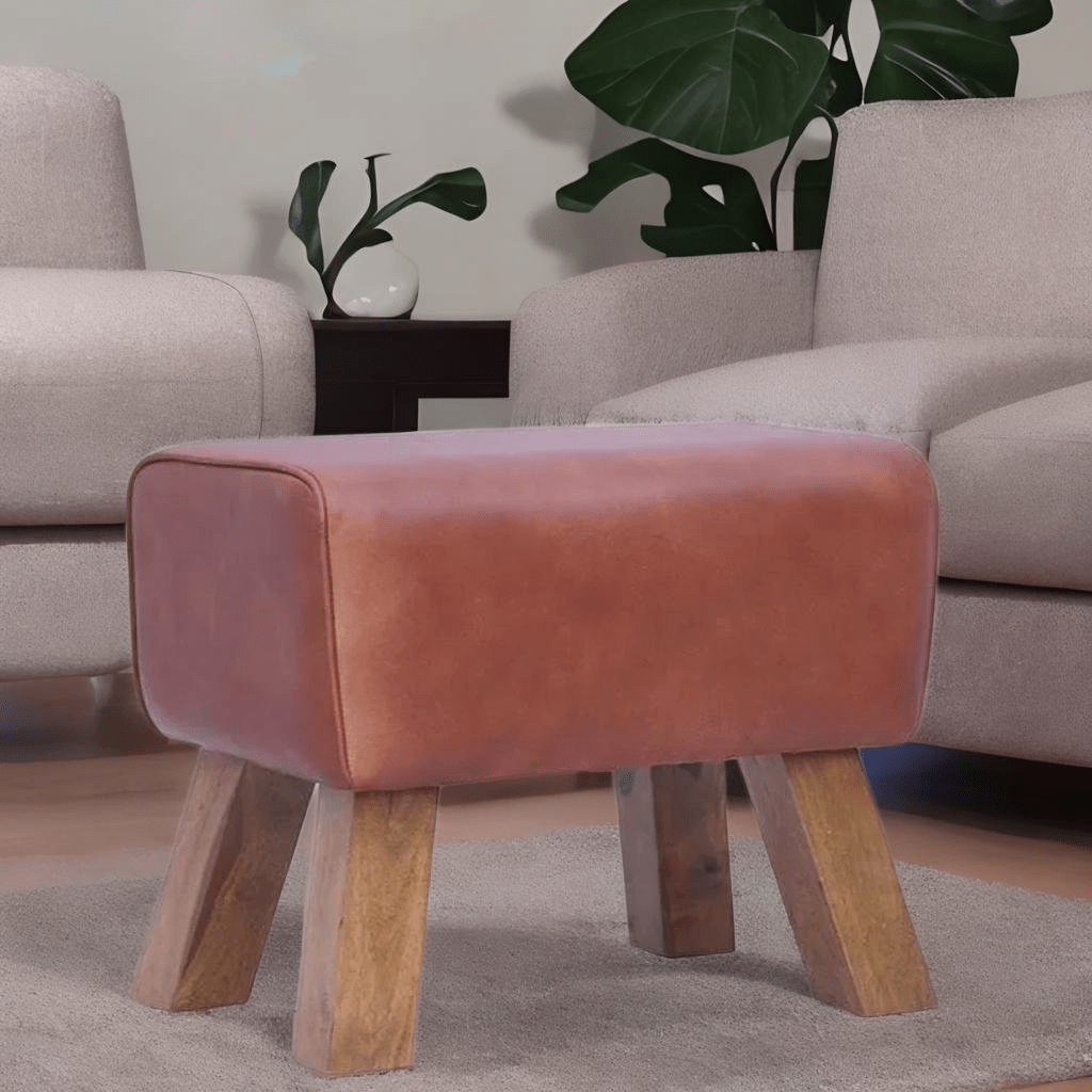 Leather-Wooden Small Ottoman Pouffe